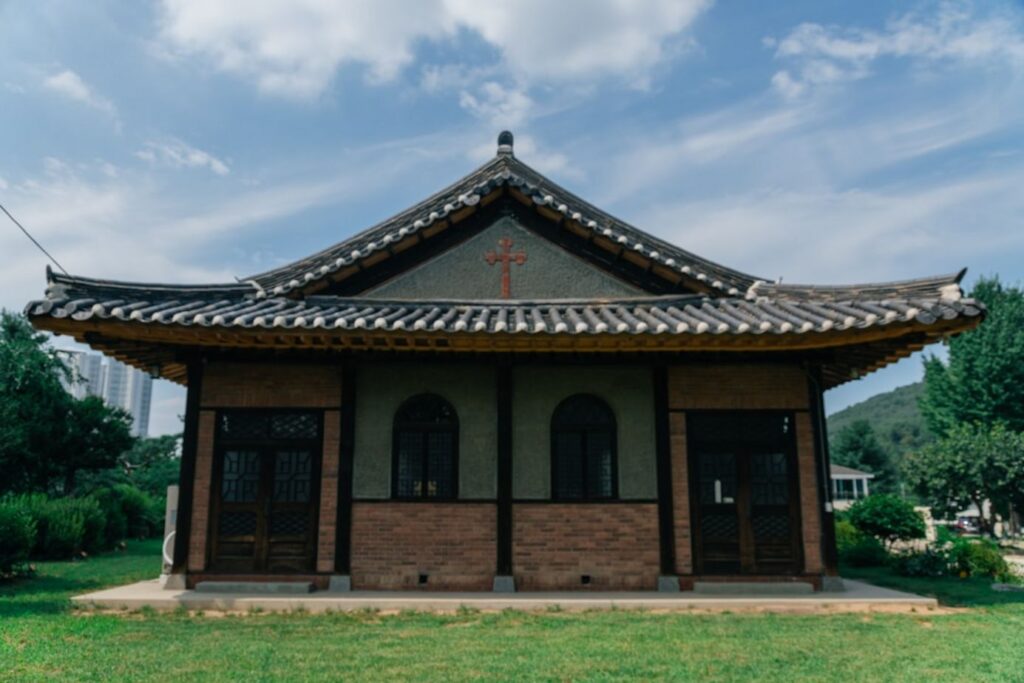 A church with asian architectural influences.-Gamcheon Culture Village South Korea