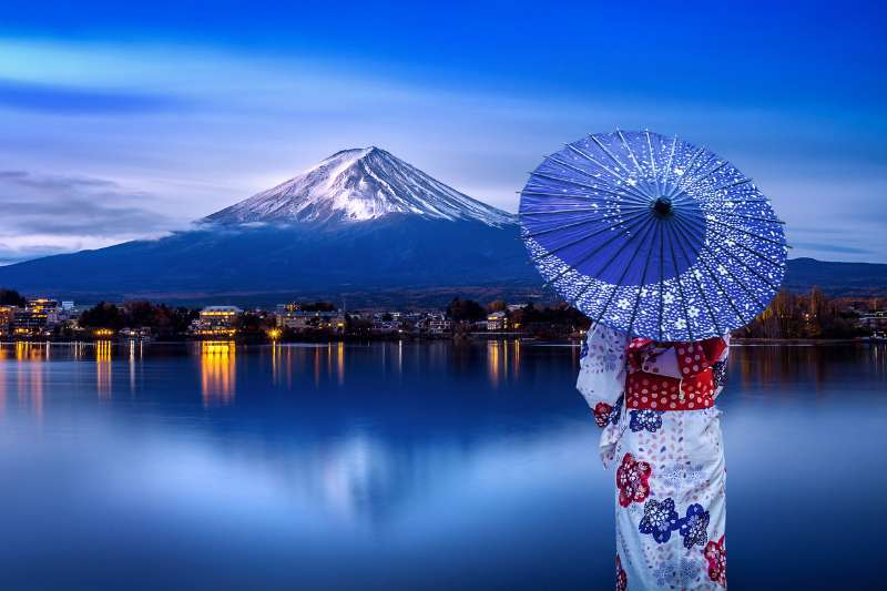 Asian woman wearing japanese traditional kimono at Fuji mountain, Kawaguchiko lake in Japan.