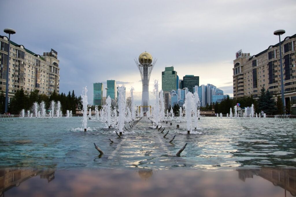 Fountains in a city square with modern buildings-Kazakhstan festivals