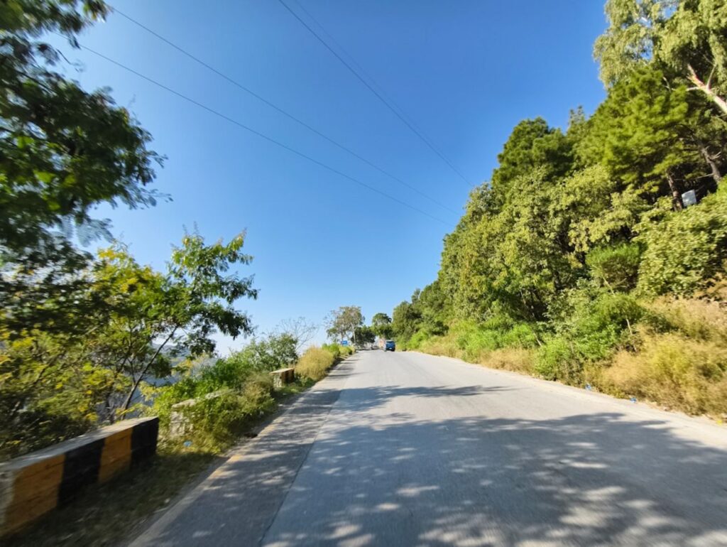 A winding road through lush green trees under blue sky.-Phuket road